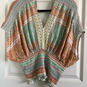 Rose & Olive Floral Striped v neck crop top